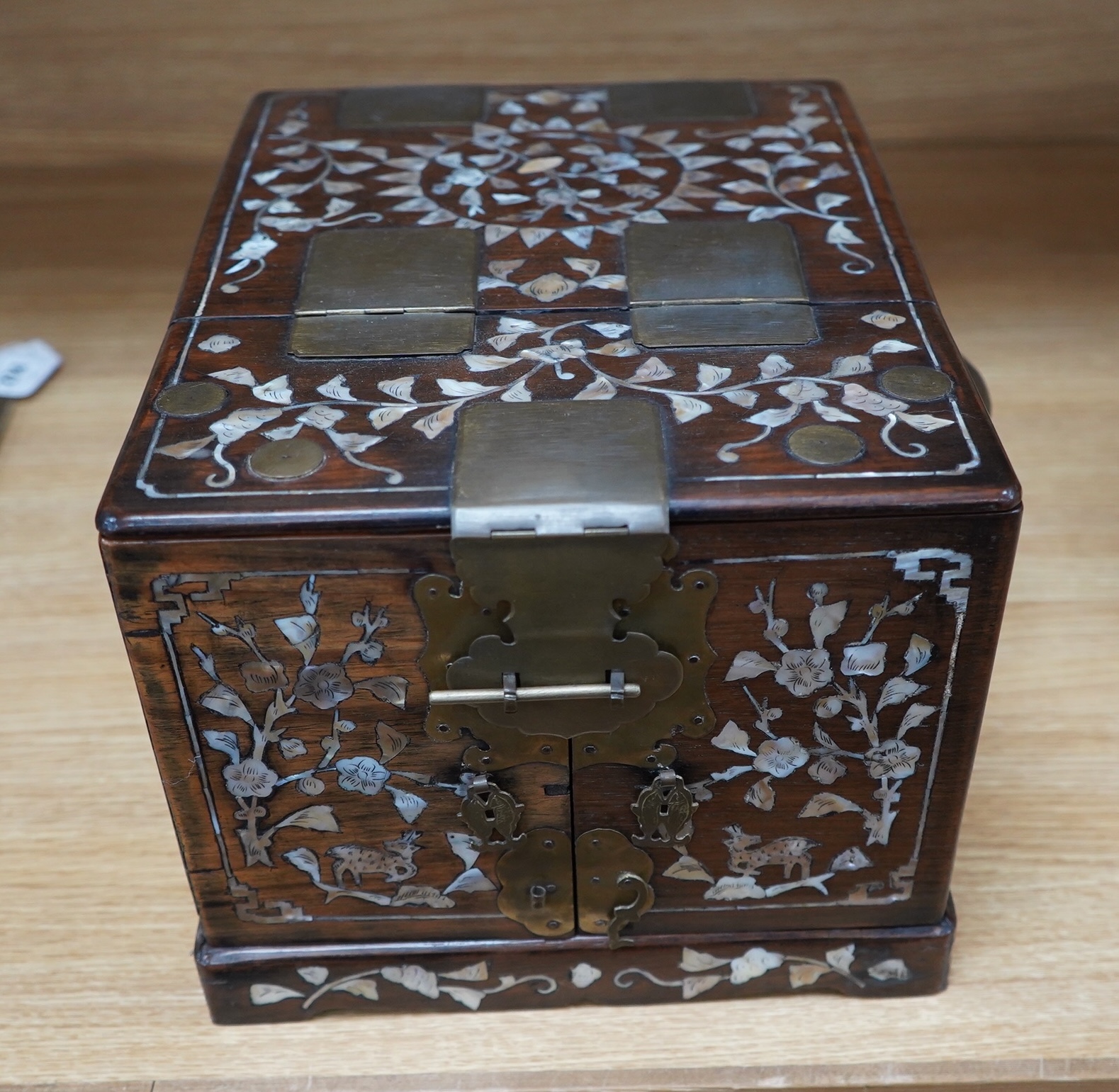 A 19th century Chinese hongmu and mother of pearl vanity case, 33cm long. Condition - fair to good